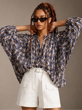 Pilcro Sidney Batwing Blouse Abstract Print Cotton Top Size Small Dolman-Sleeve